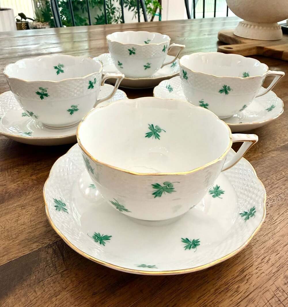 Herend Parsley Green Tea Cup And Saucer Set Of 4
